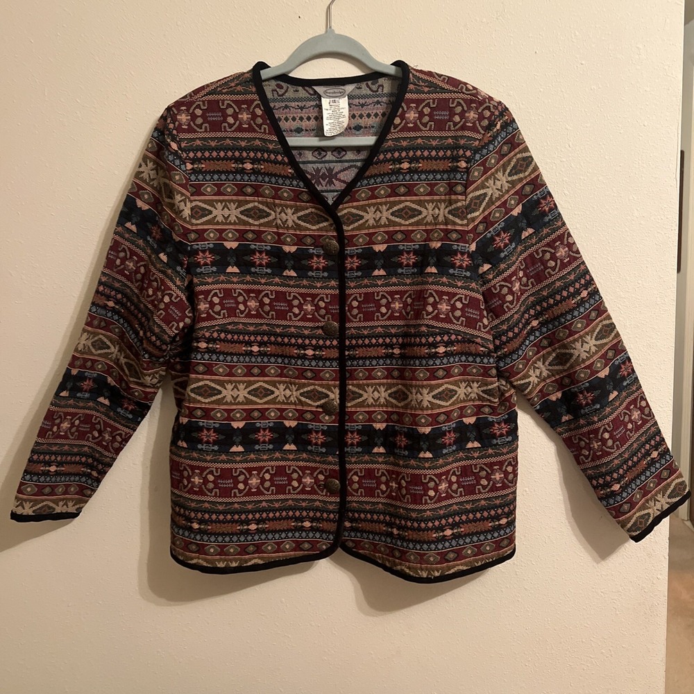 Stonebridge Women's Aztec Tapestry Cardigan Jacket 1X Navy Maroon 100%  Cotton